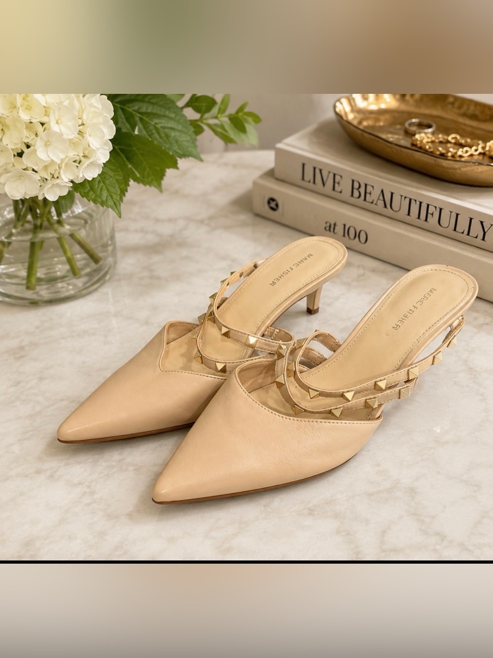 Marc Fisher size 10  mules sandals with silver studded straps and kitten heels